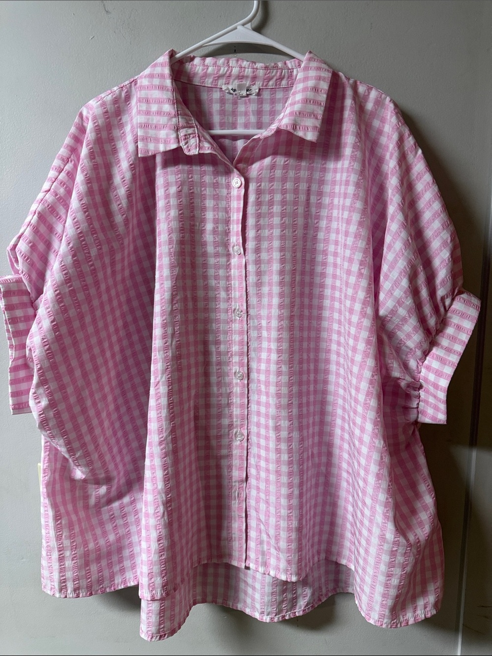 Oversized Pink Gingham Button-Up Blouse